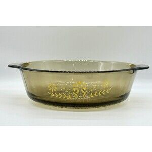 Vintage Glasbake casserole dish 1960s Amber-tinted glass yellow daisy floral